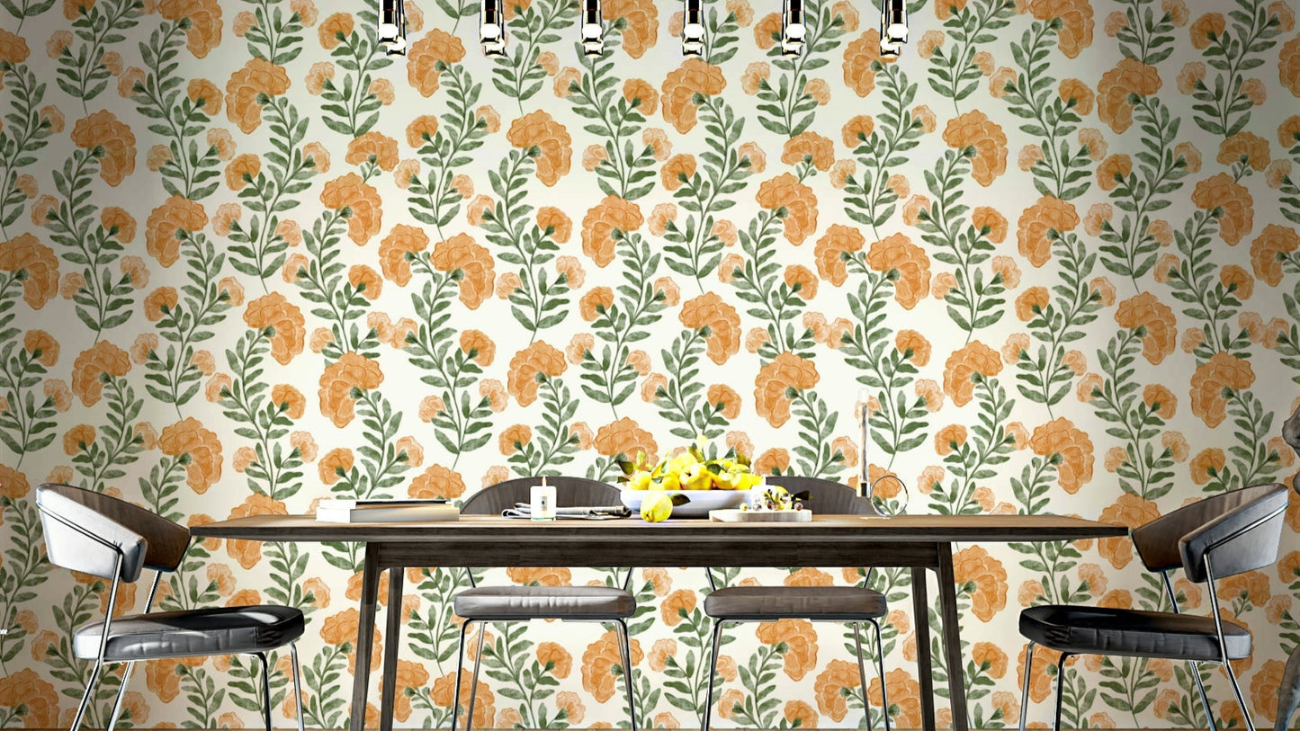 The image shows a repeating pattern of bright, tangerine flowering branches.

