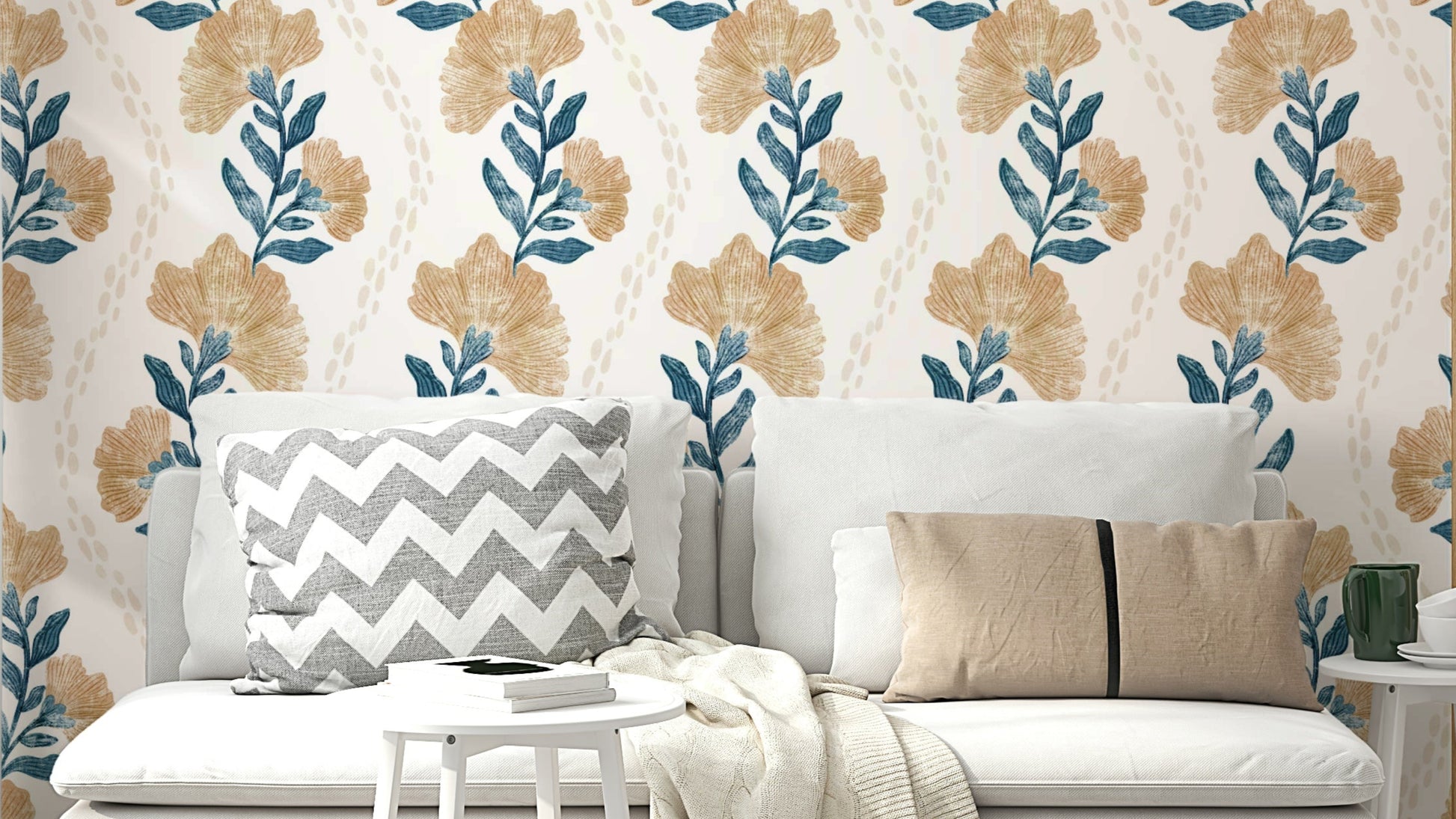 A wallpaper design with a vintage floral pattern.

