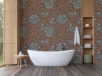 The composition is a repeating damask pattern.

