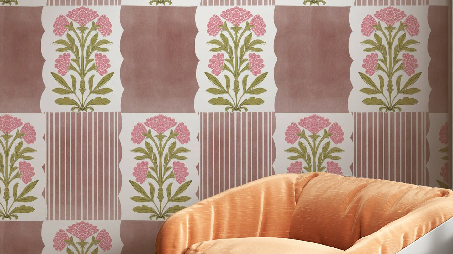 A wallpaper design with a floral and striped pattern.

