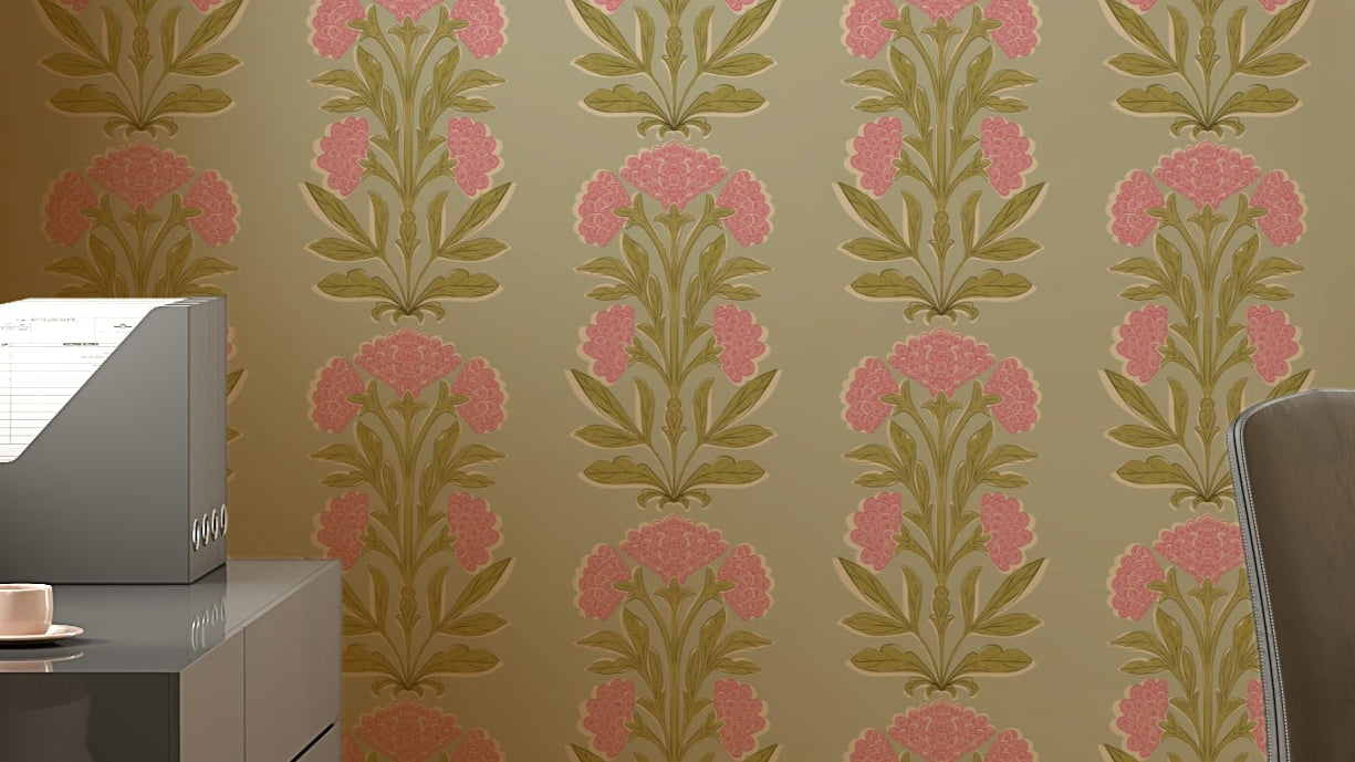 The image shows a repeating pattern of soft, pink flowering branches.

