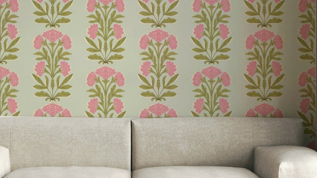 The image shows a repeating floral design within vertical stripes.

