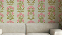 The image shows a repeating floral design within vertical stripes.

