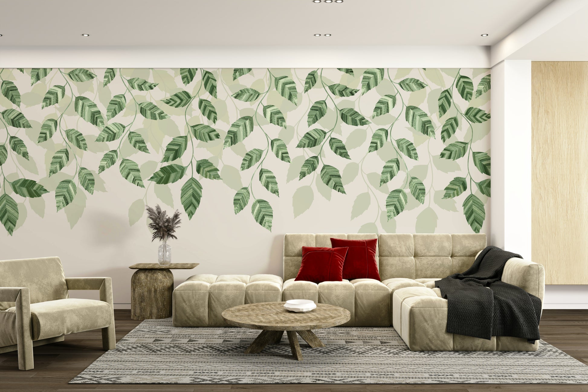 The image shows an artistic impression of a serene scene with pothos leaves.

