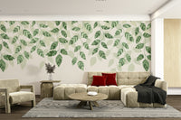 The image shows an artistic impression of a serene scene with pothos leaves.

