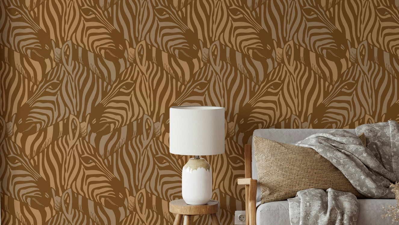 A wall mural of a zebra herd with artistic stripes.

