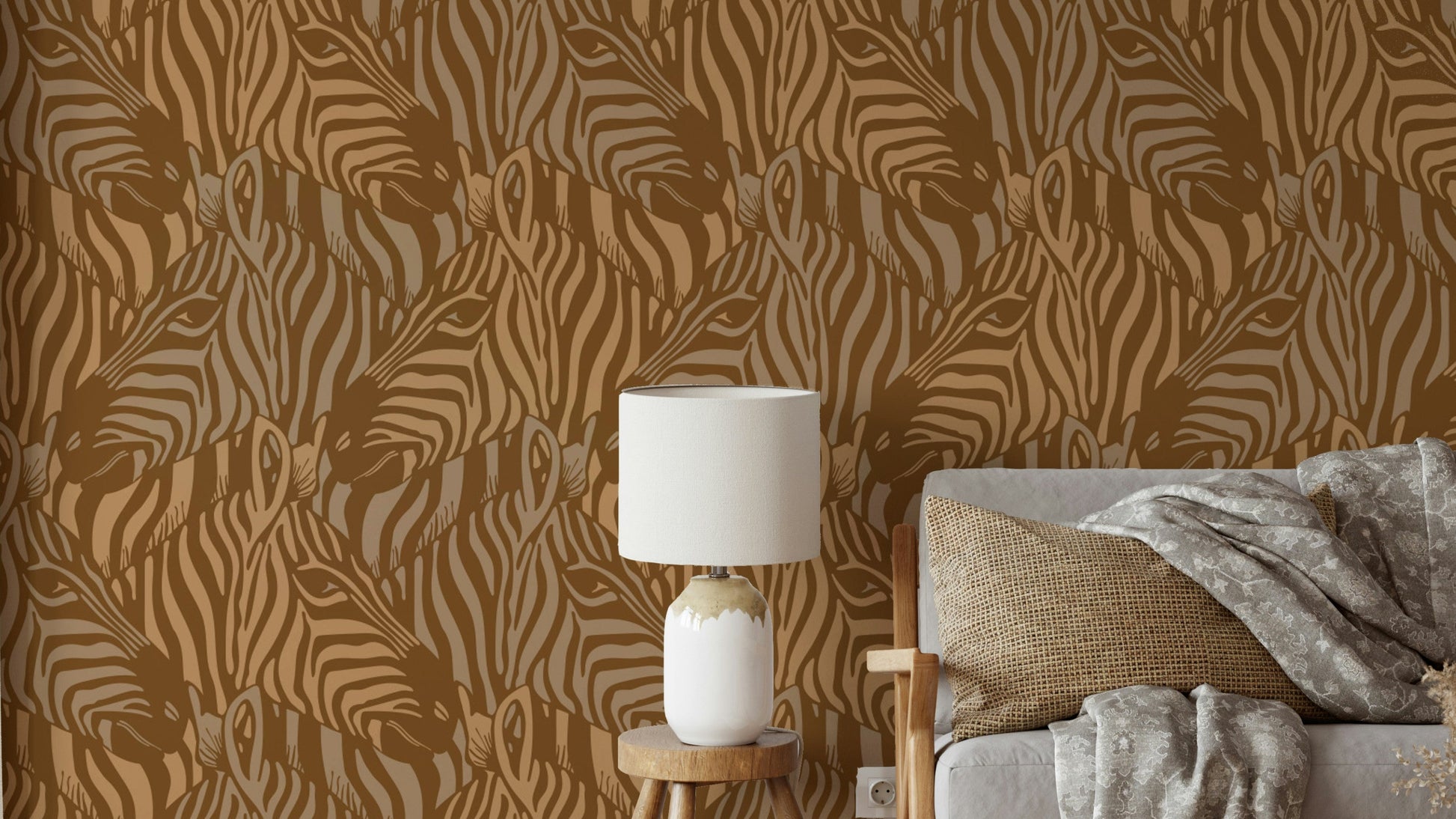 A wall mural of a zebra herd with artistic stripes.

