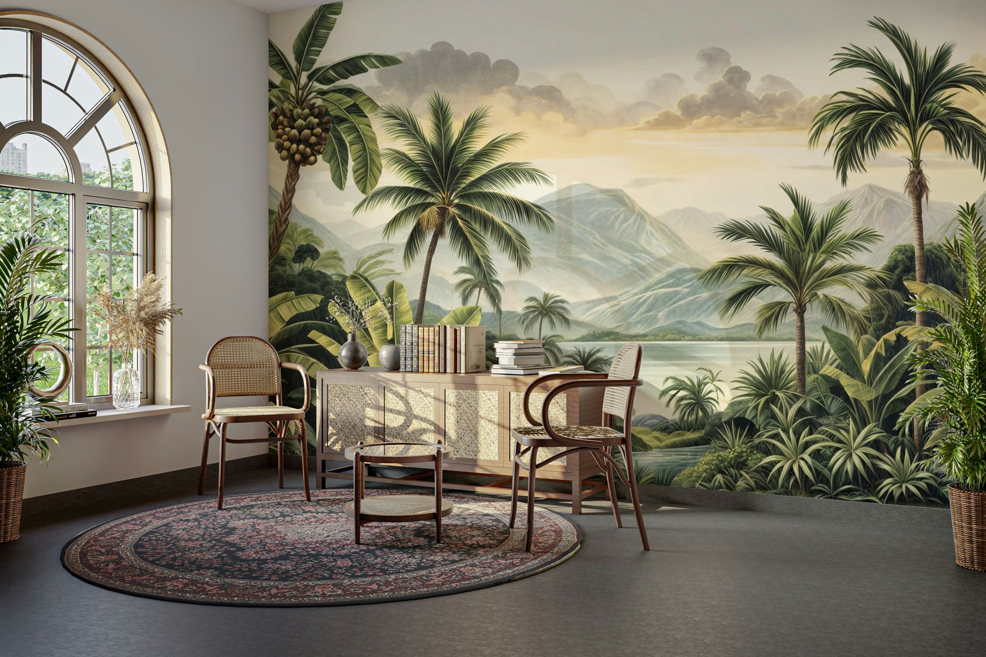 The colors are soft, muted tones of green, beige, and pink.

