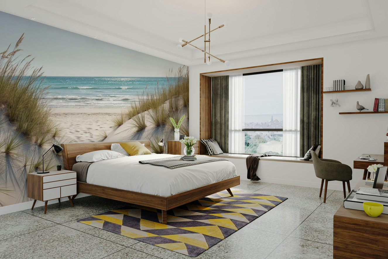 A wall mural of a peaceful coastal dune landscape.

