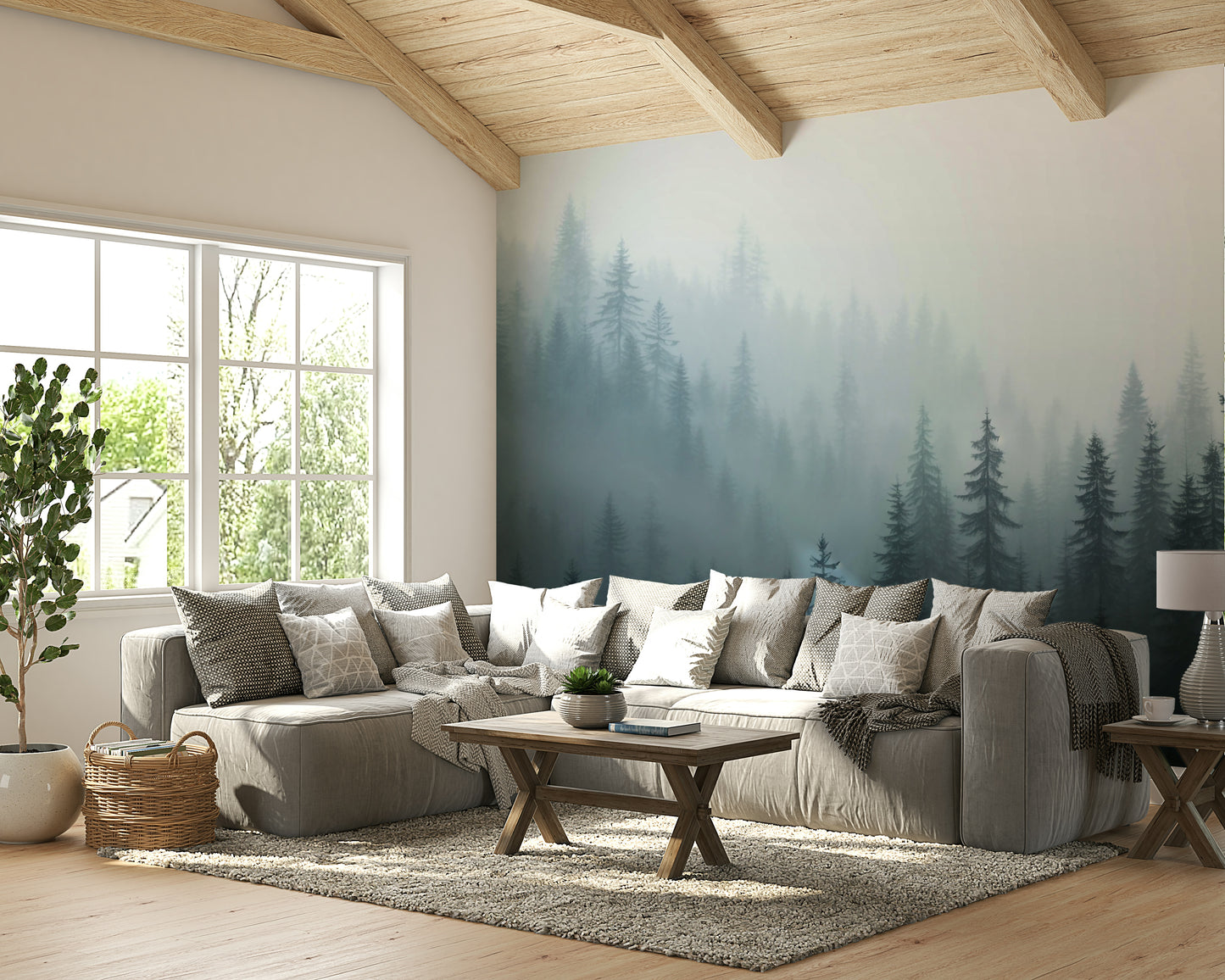 The image shows an artistic impression of a serene forest scene with a soft mist.

