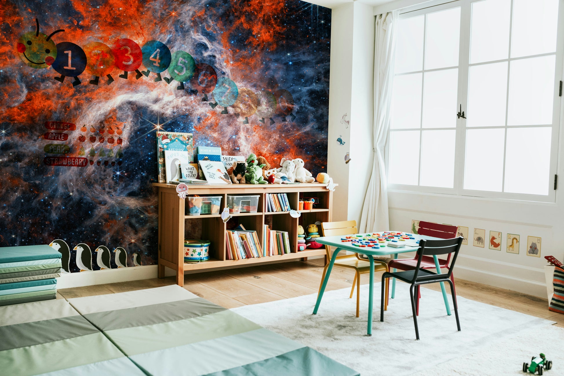 A wall mural of a cosmic landscape.

