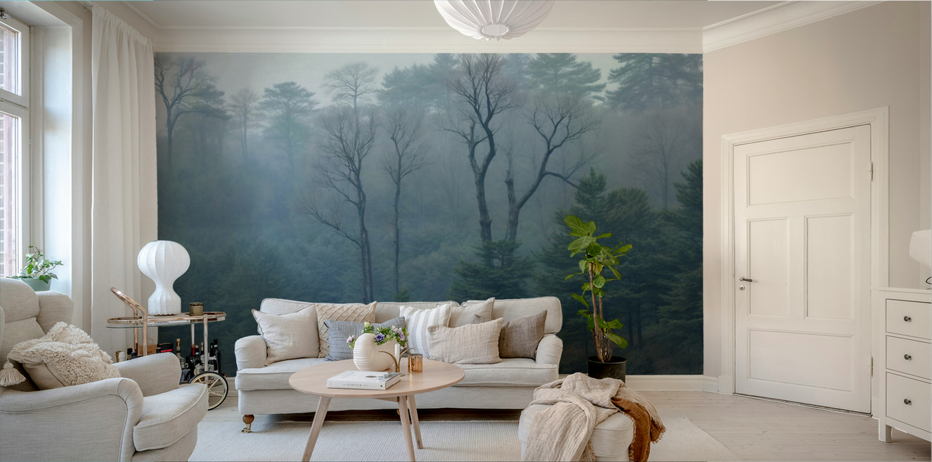 A wall mural of a peaceful forest reflected on a misty lake.

