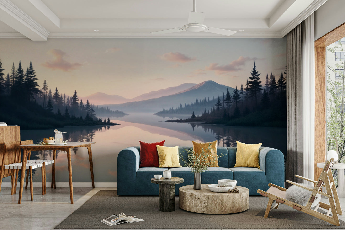 A wall mural of a peaceful lake landscape.

