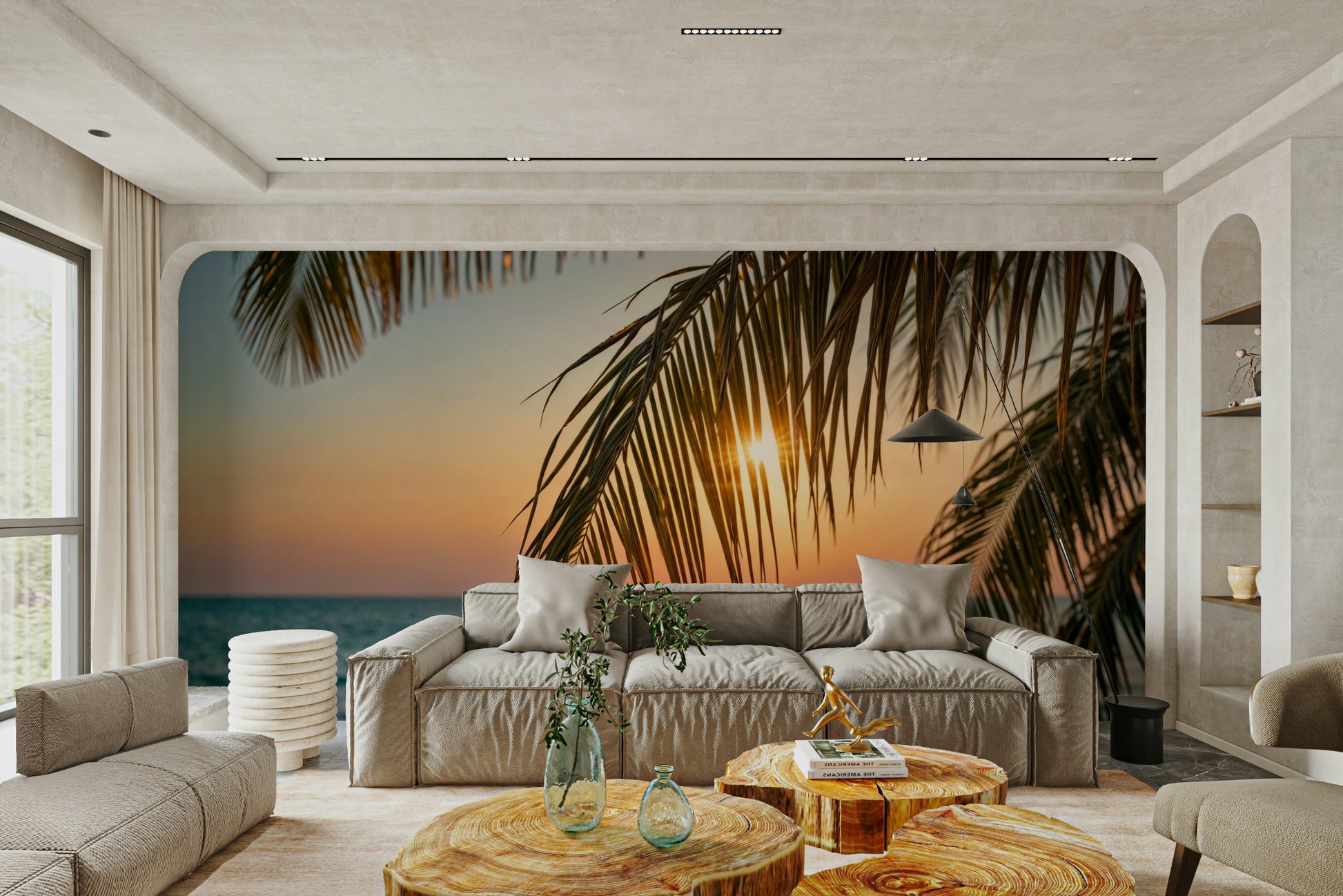 The colors are soft, muted tones of green, beige, and pink.

