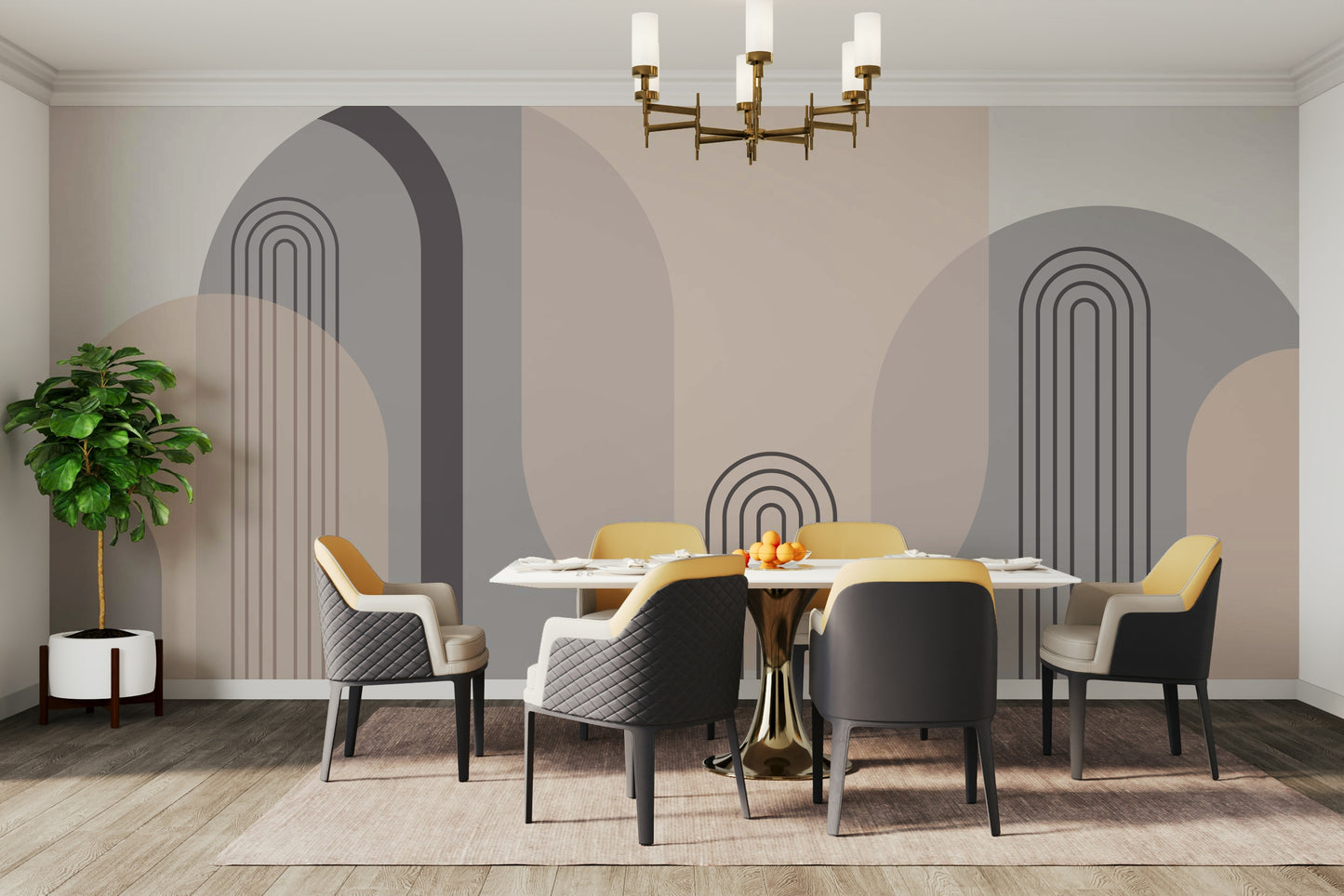 A wall mural of an abstract, geometric pattern.

