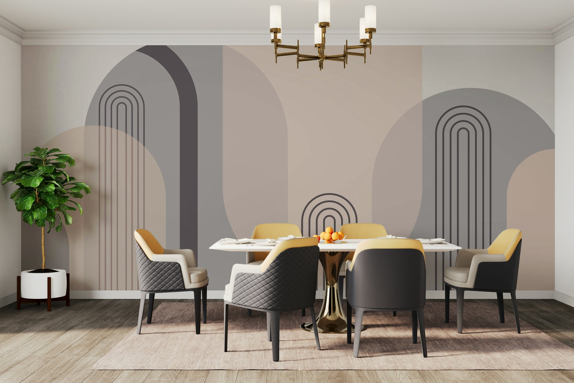 A wall mural of an abstract, geometric pattern.

