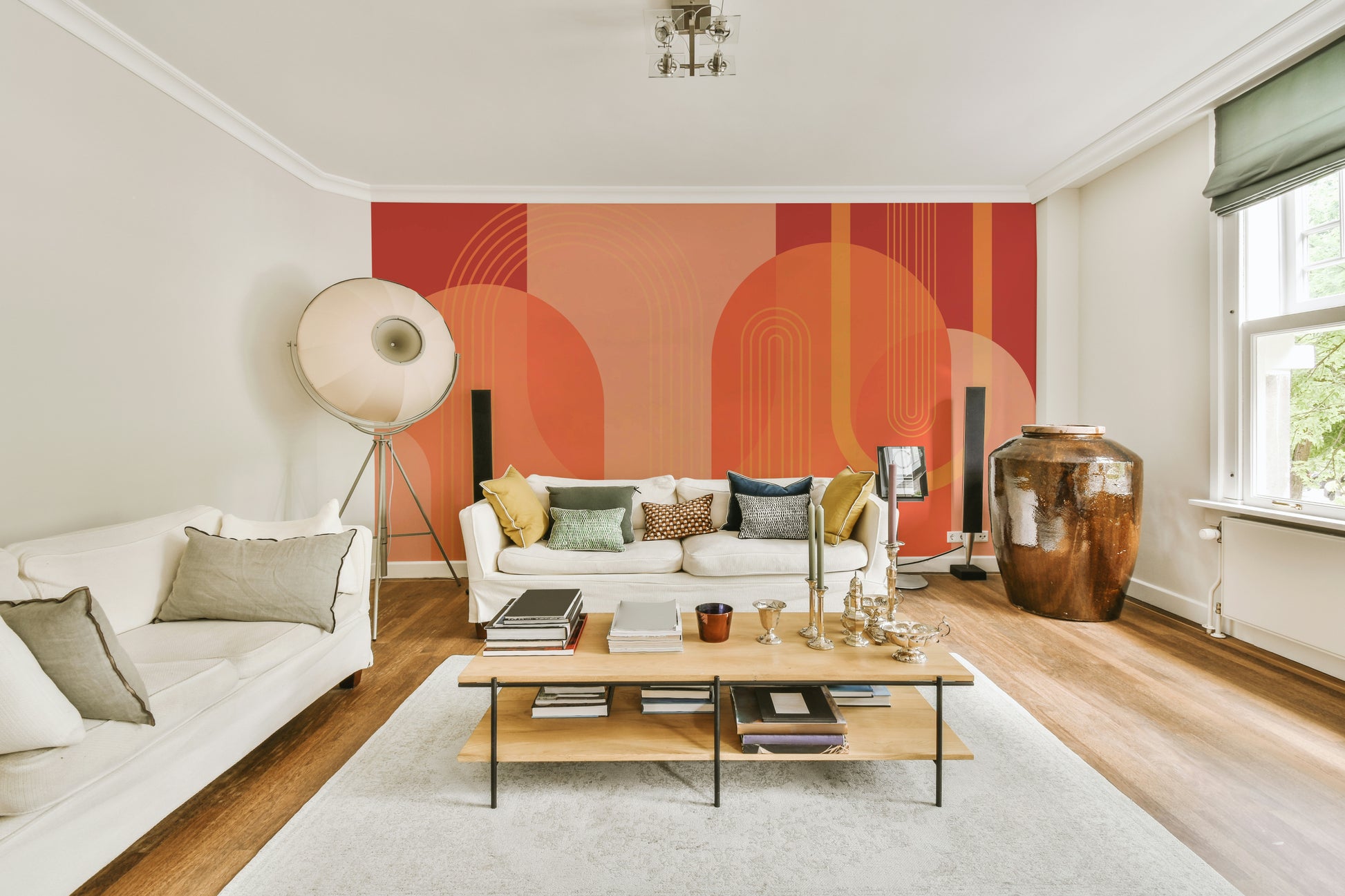 The image shows a peaceful, retro-style pattern with arched shapes.

