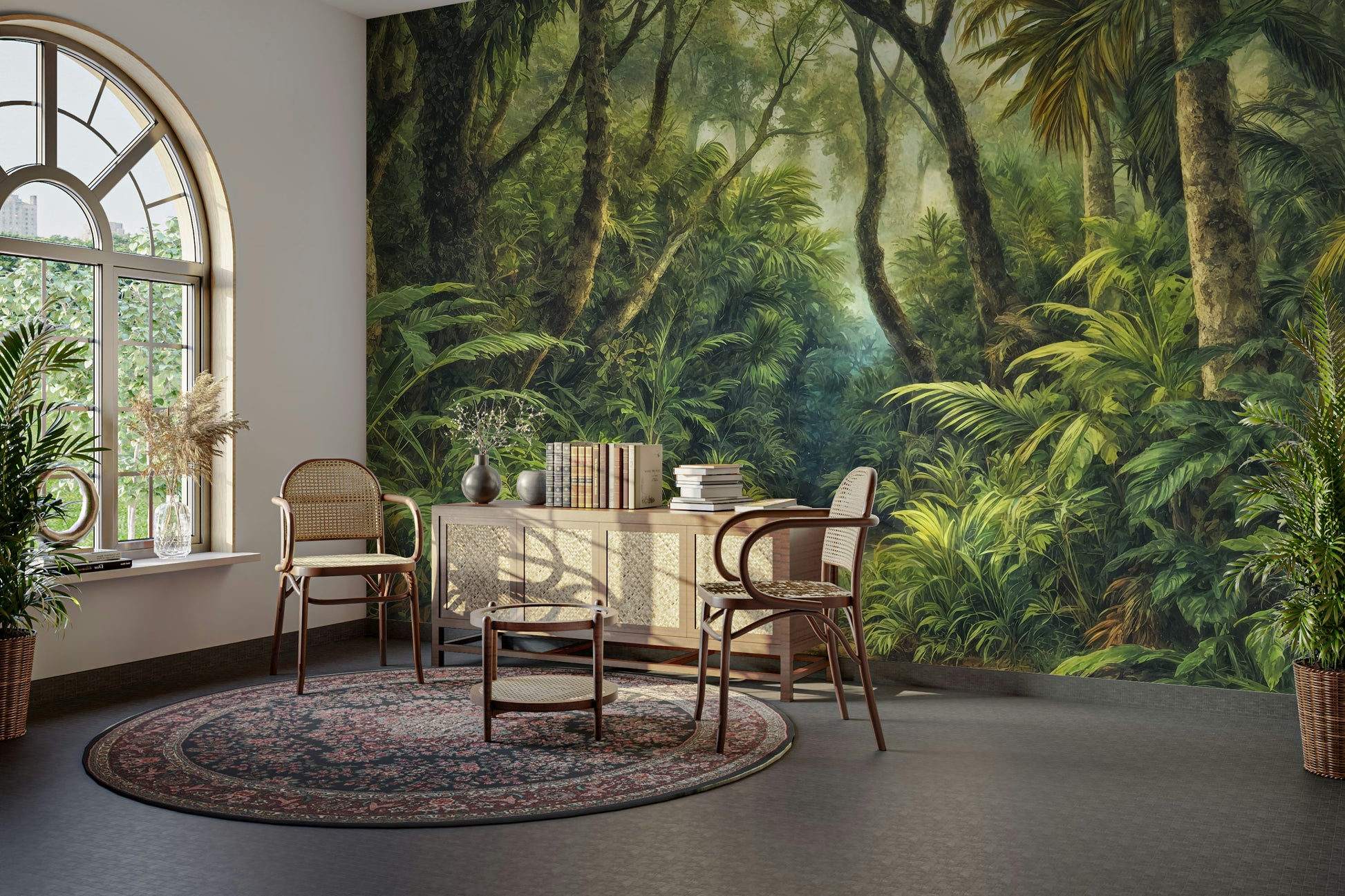 The view is from below, looking up at a mix of large tropical leaves.

