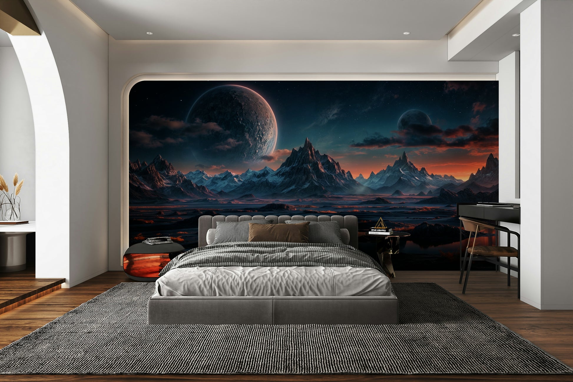 A room decorated with the Alien Landscape mural.

