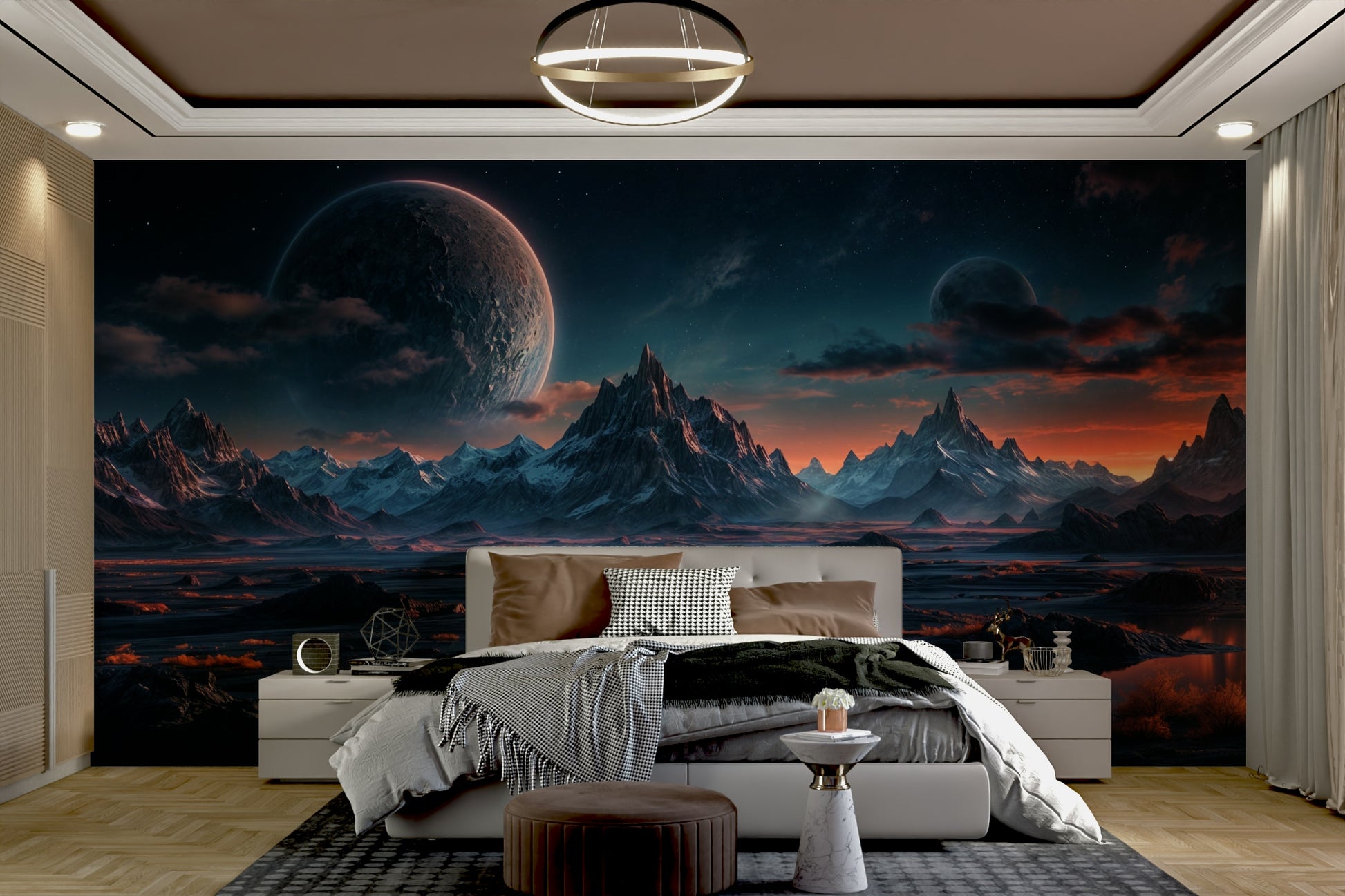 The mural serves as a stunning and immersive feature wall.


