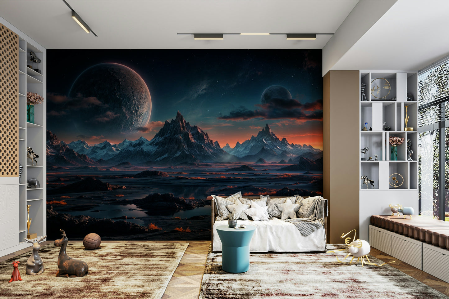 A detailed image of a wall mural featuring an alien landscape.

