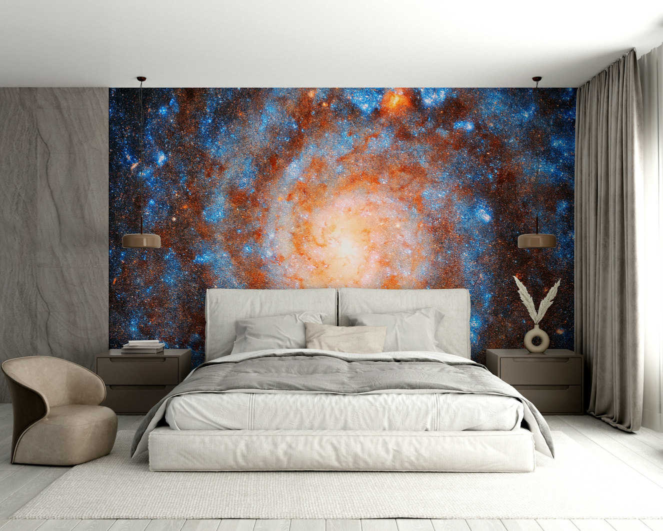 A wall mural of a cosmic landscape.

