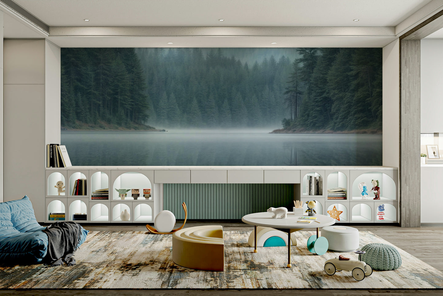 The image shows an artistic impression of a serene forest next to still water.

