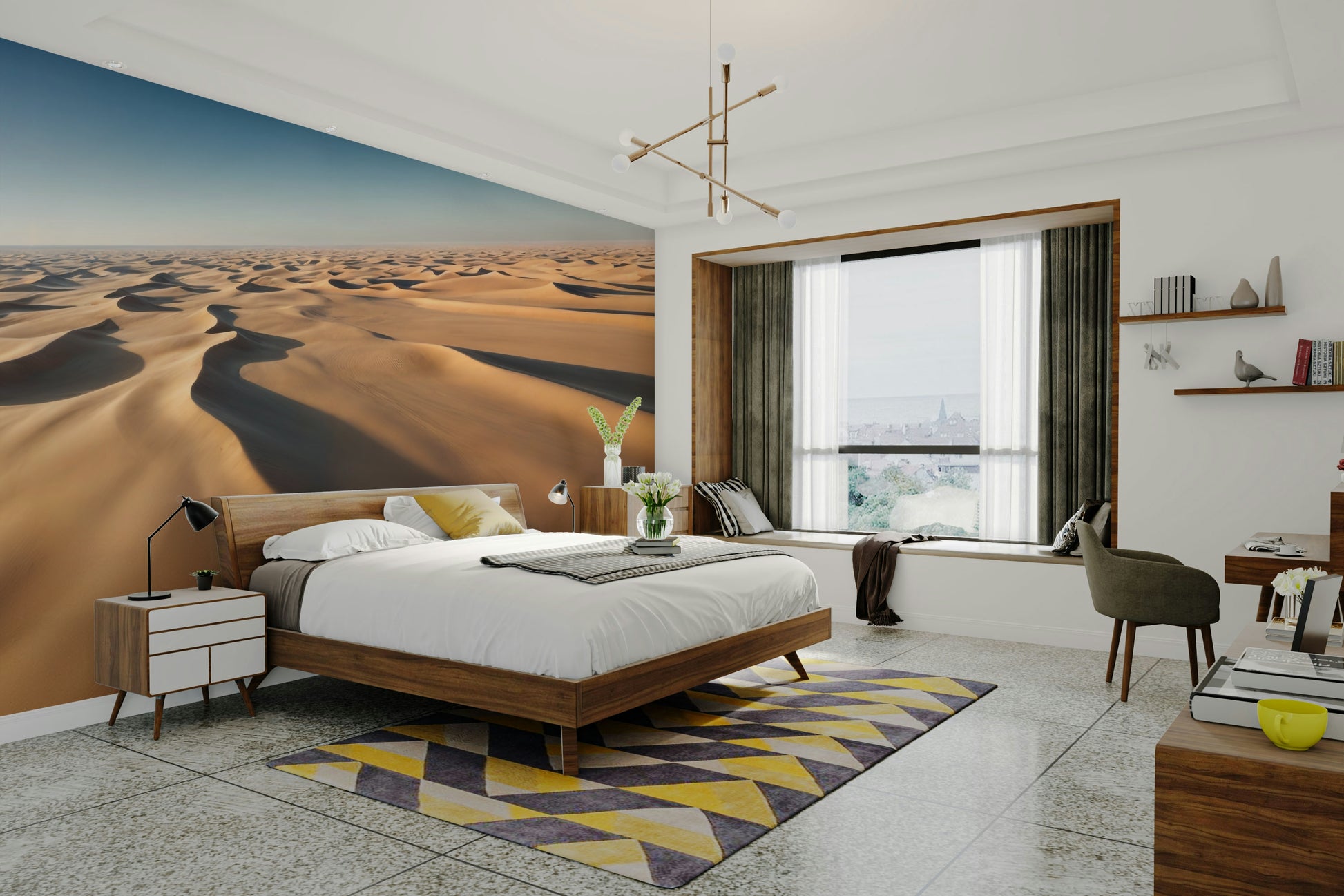 The colors are soft, muted tones of sand, beige, and terracotta.

