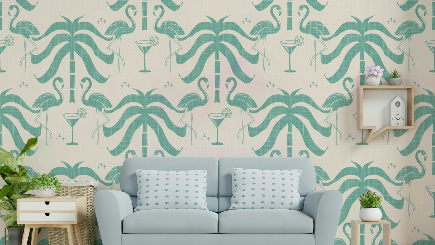 The image shows a peaceful, natural scene with palm trees and flamingos.

