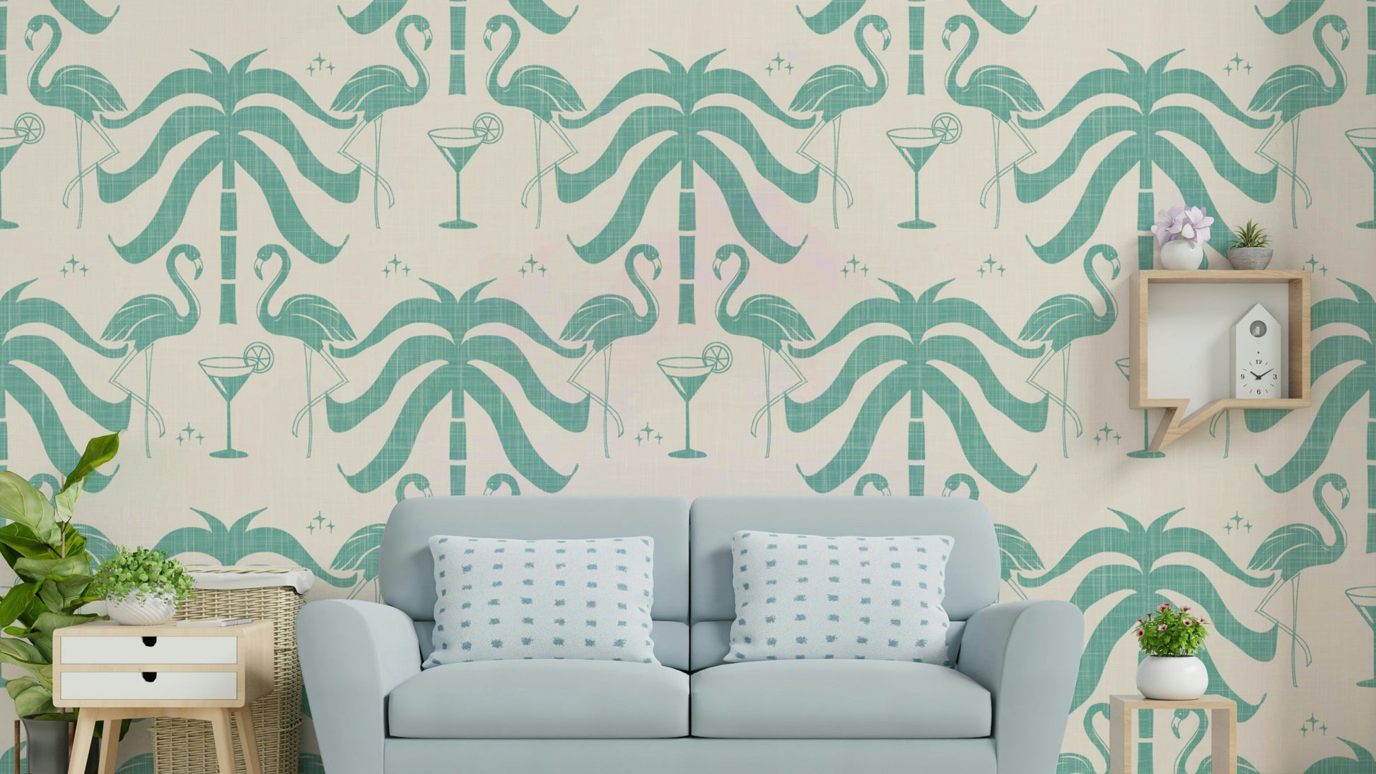 The image shows a peaceful, natural scene with palm trees and flamingos.

