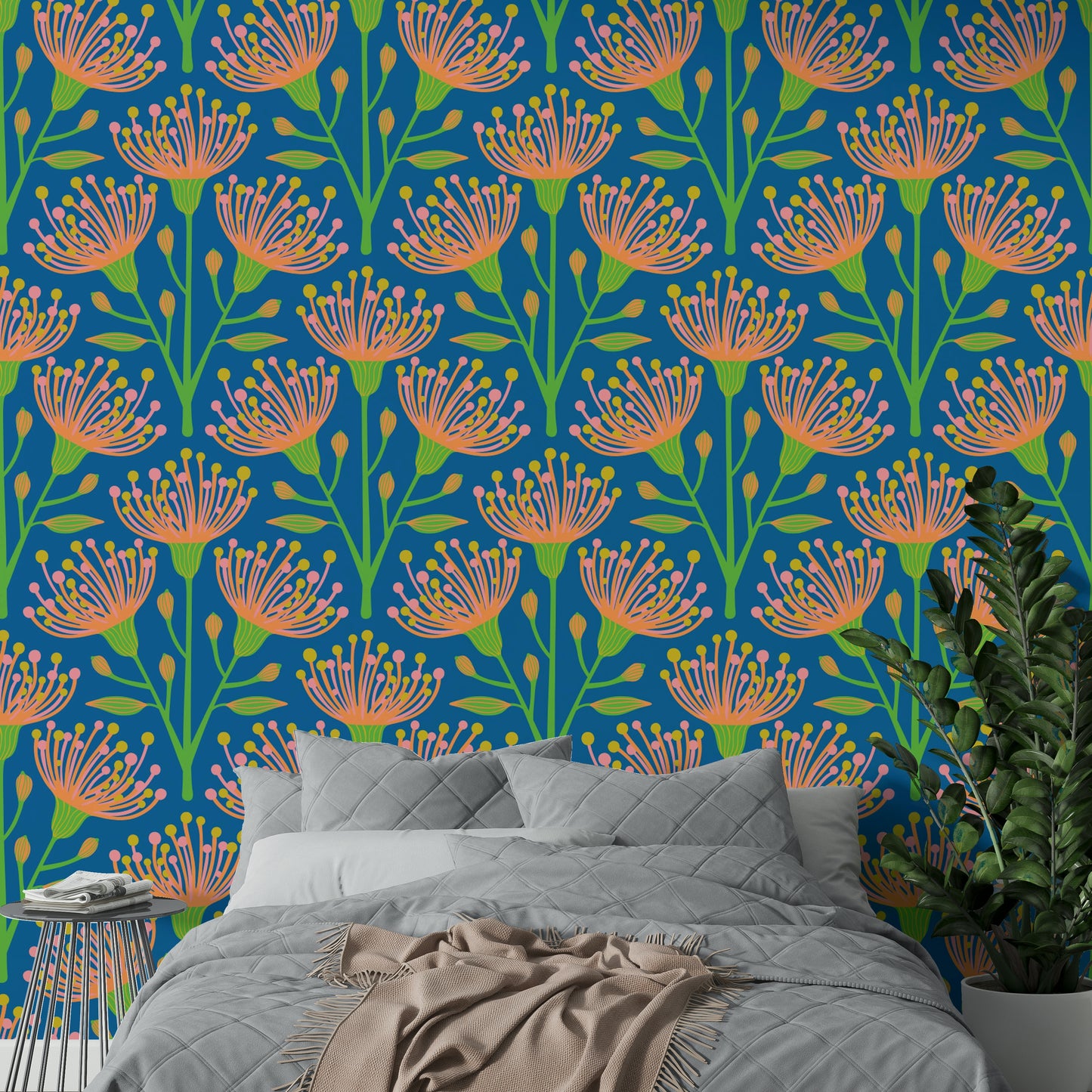 The eucalyptus and floral shapes are a central focus of the image.

