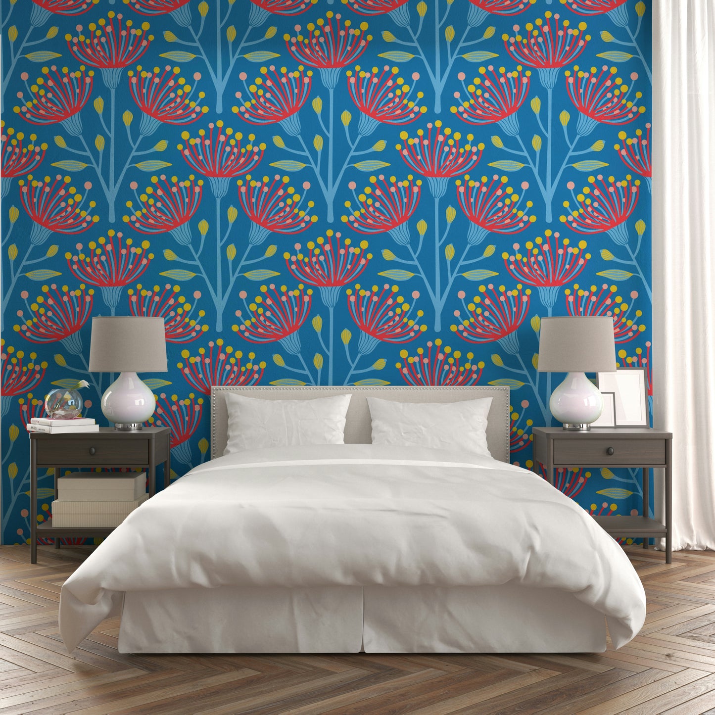 Eucalyptus Floral Botanical Icy Blue Red Yellow Pink on Bright Blue Wallpaper⁠