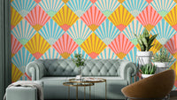 A wall mural of an abstract, geometric pattern.

