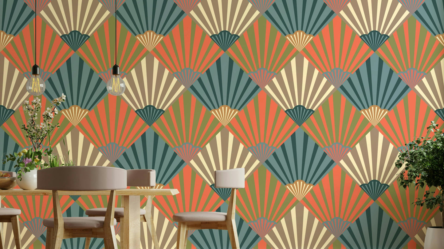 A wall mural of an abstract, geometric pattern.

