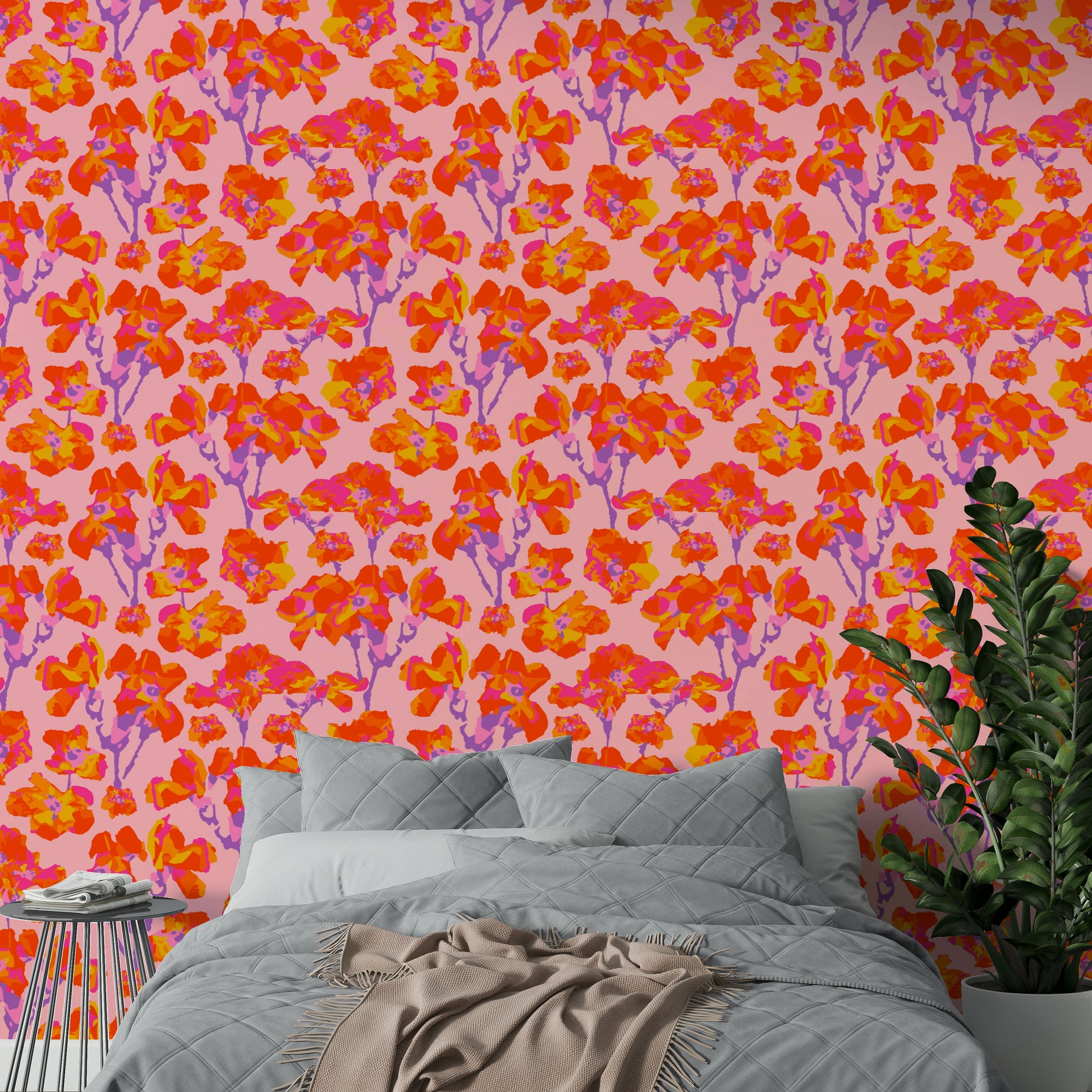 The colors are soft, muted tones of coral, orange, purple, and blush.

