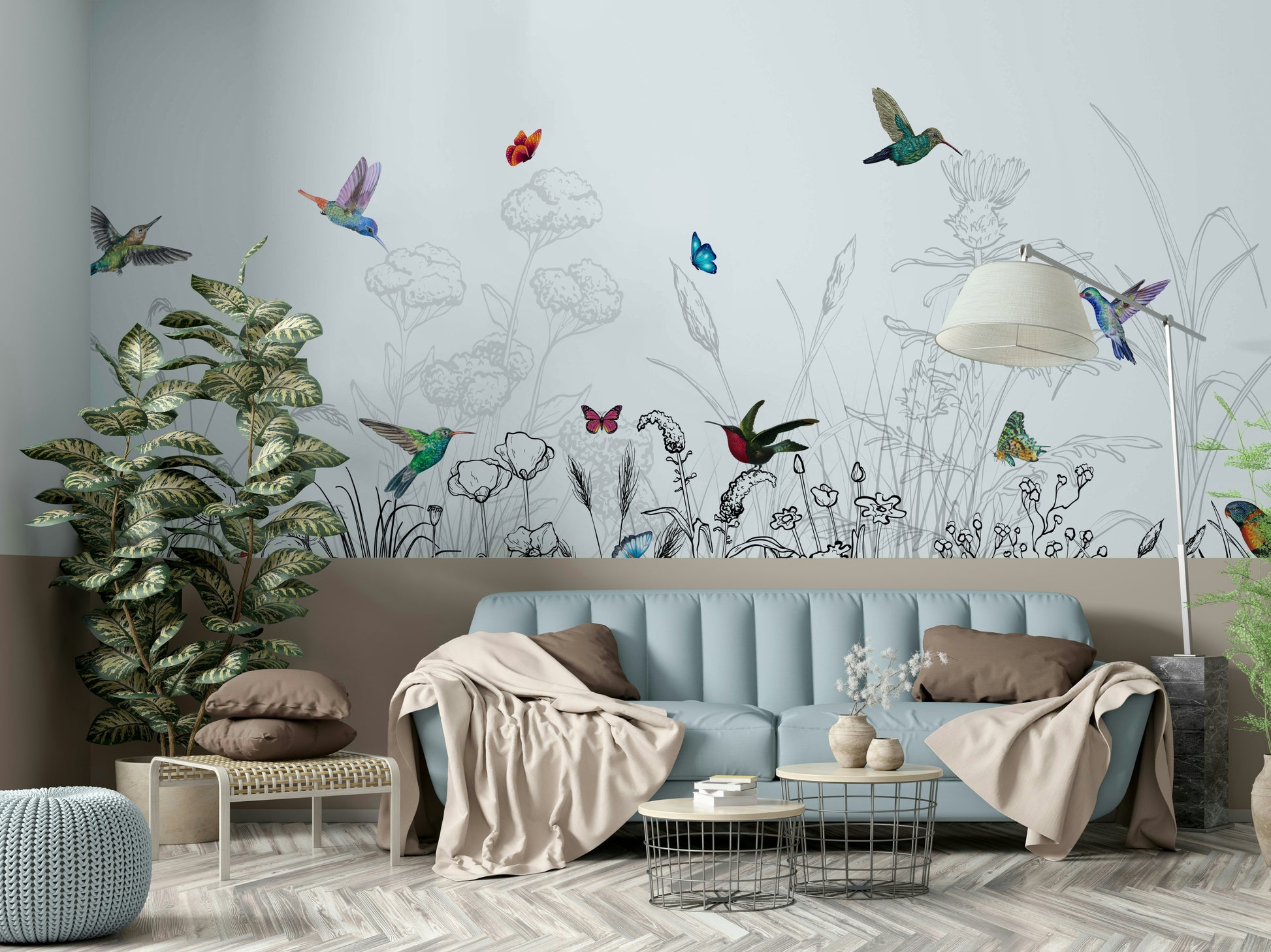 A wall mural of a peaceful hummingbird and foliage pattern.

