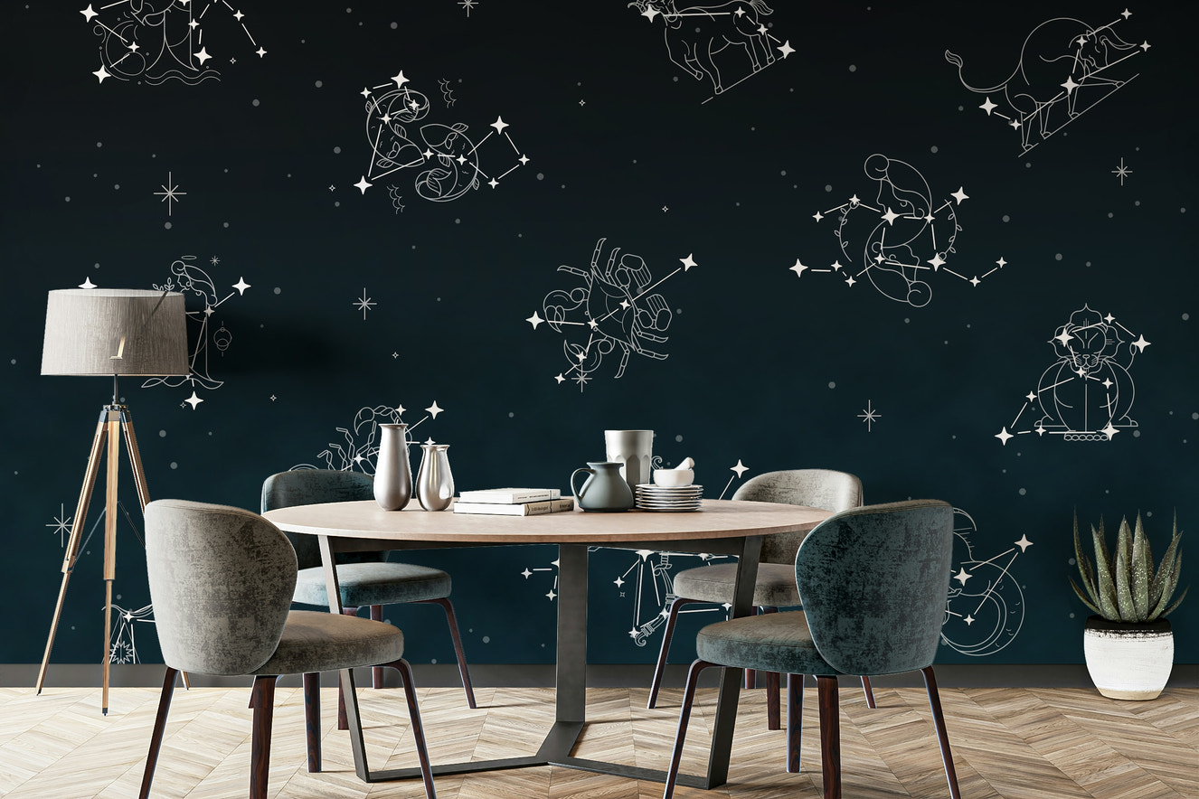 A wall mural of a peaceful celestial pattern.

