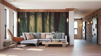A wall mural of a peaceful woodland scene.

