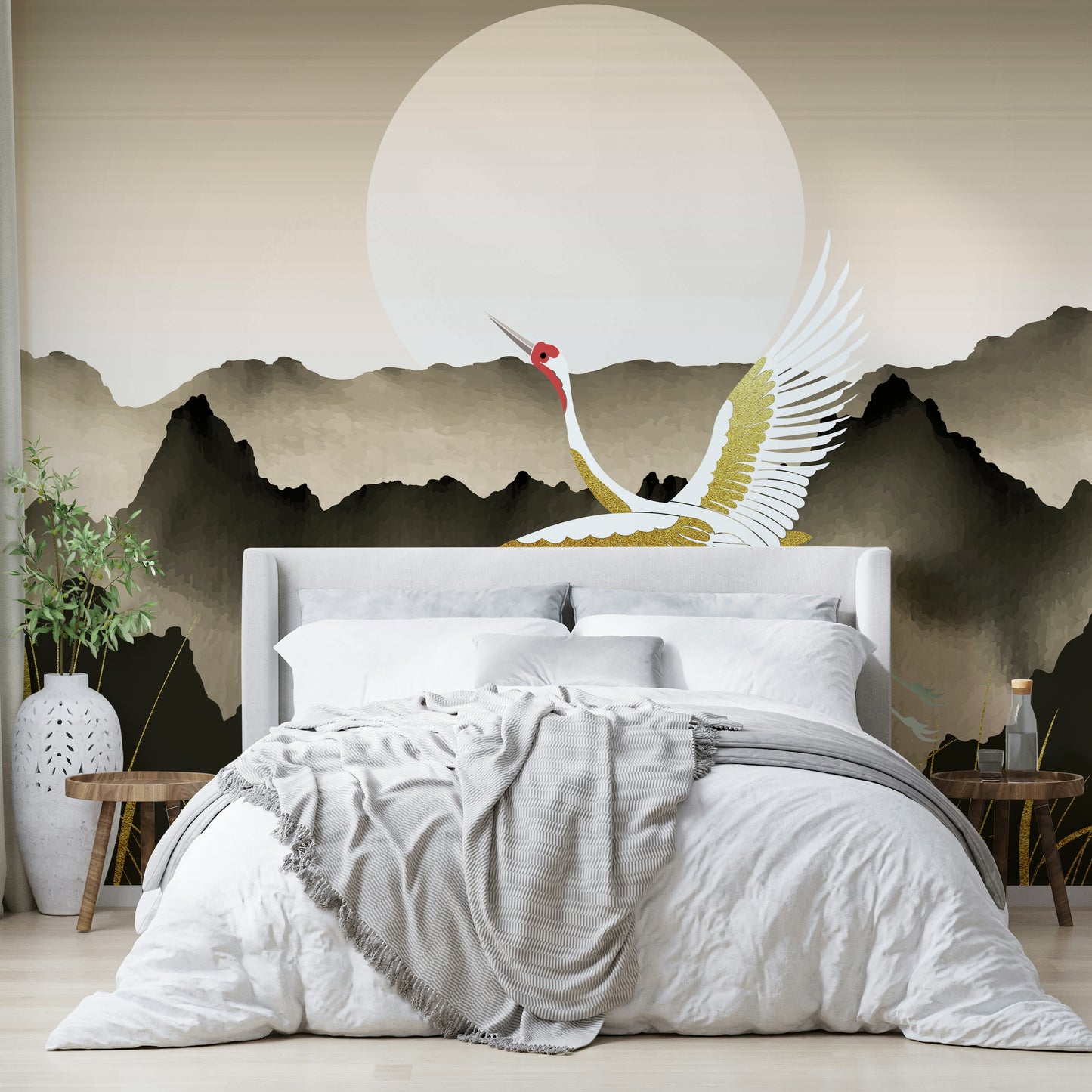 The image shows an artistic impression of a serene landscape with the sun rising.

