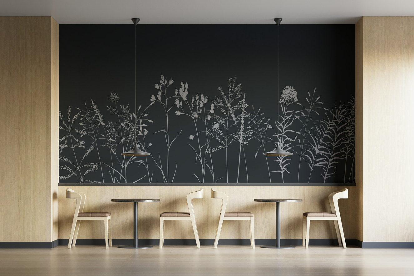 A wall mural of a peaceful botanical pattern.

