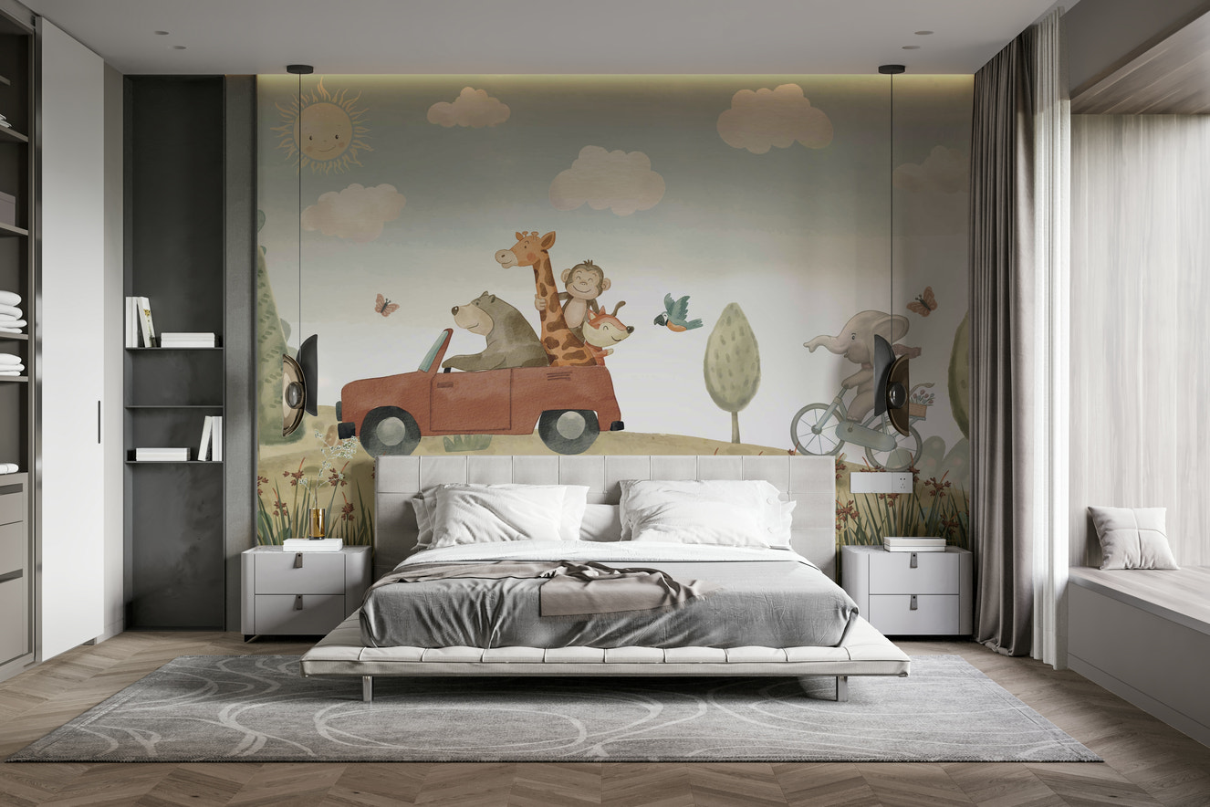 A wall mural of a peaceful adventure scene.

