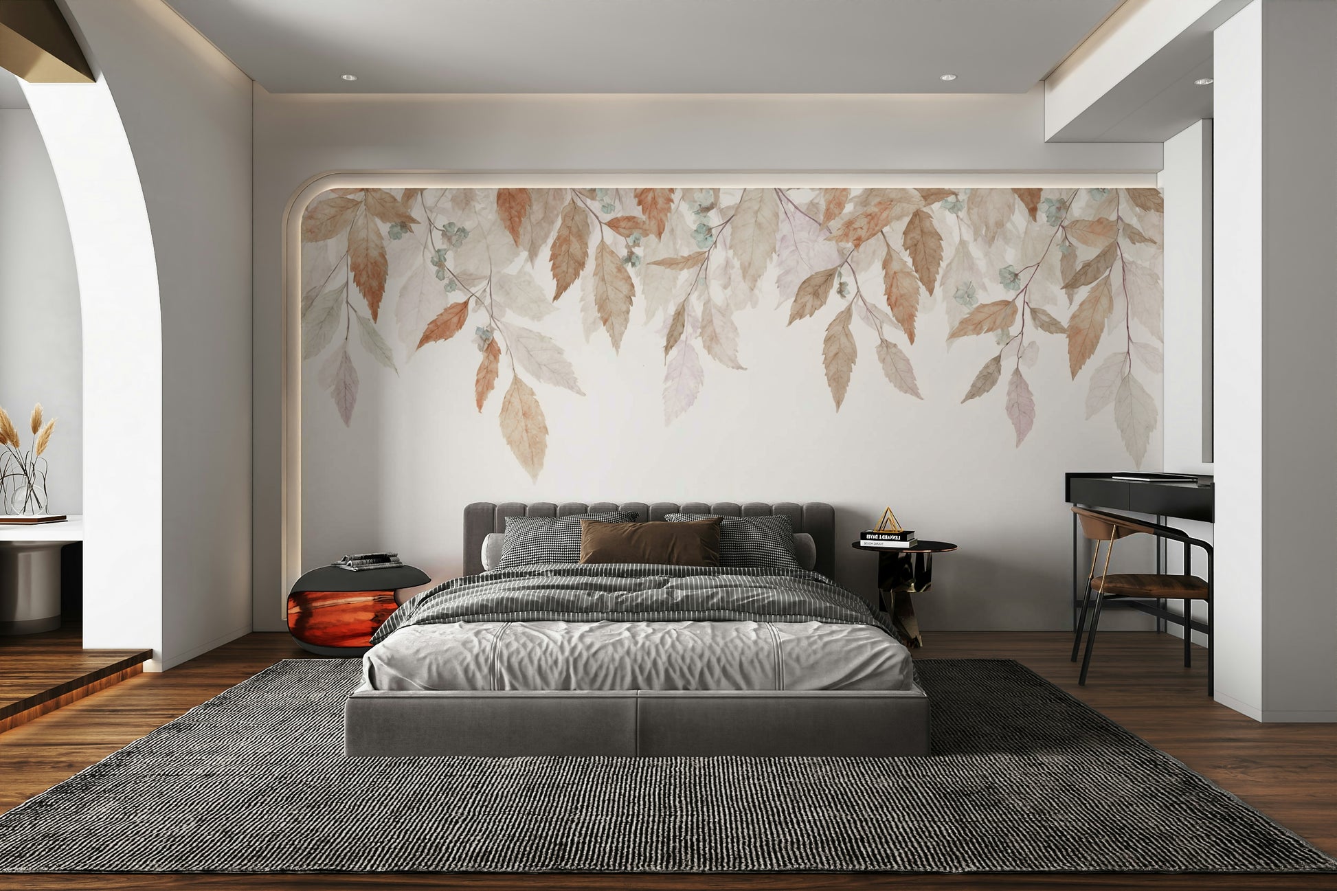 A wall mural of a peaceful botanical pattern.

