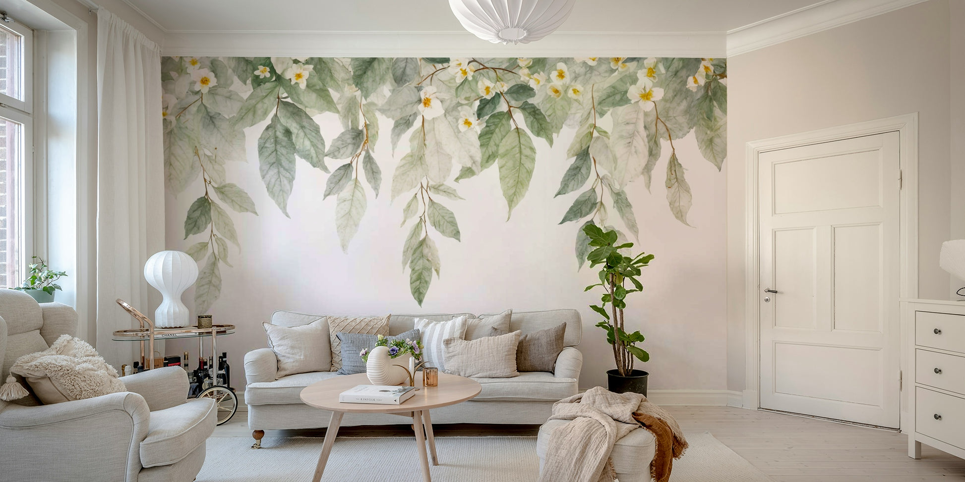 The image shows an artistic impression of a serene floral scene with a cascade of flowers.

