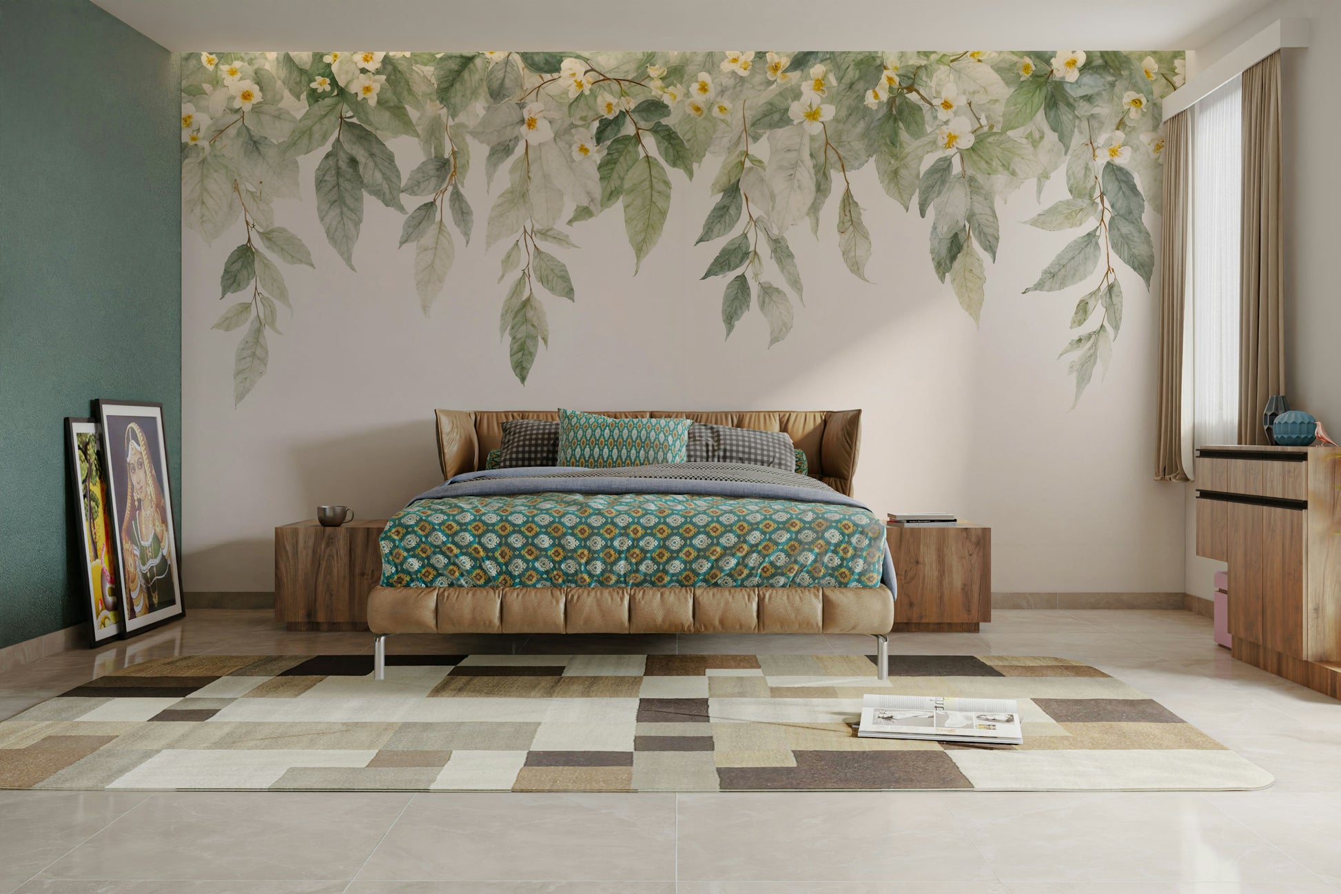 A wall mural of a peaceful floral pattern.

