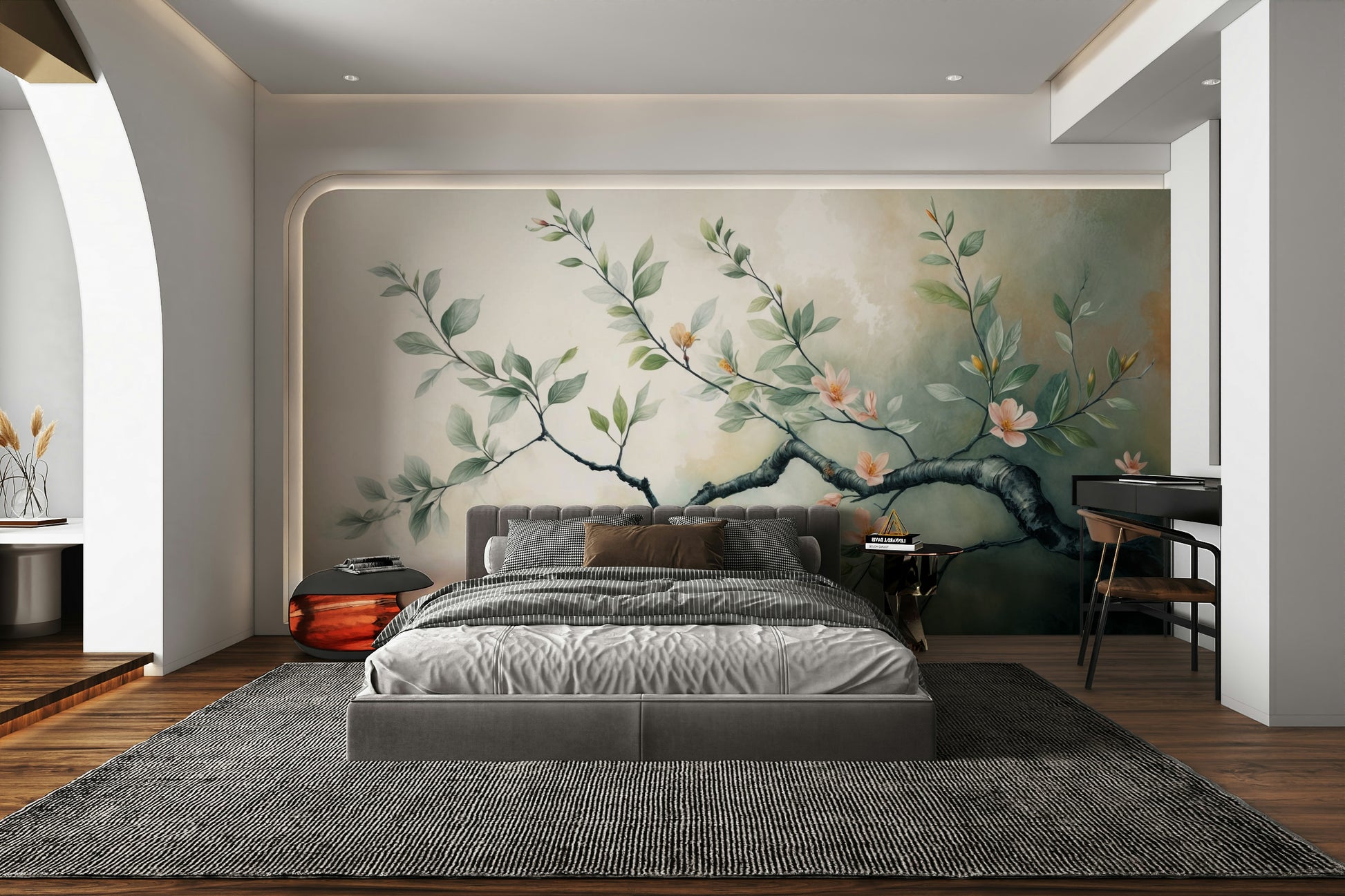 The image shows a peaceful, natural scene with a blooming branch.

