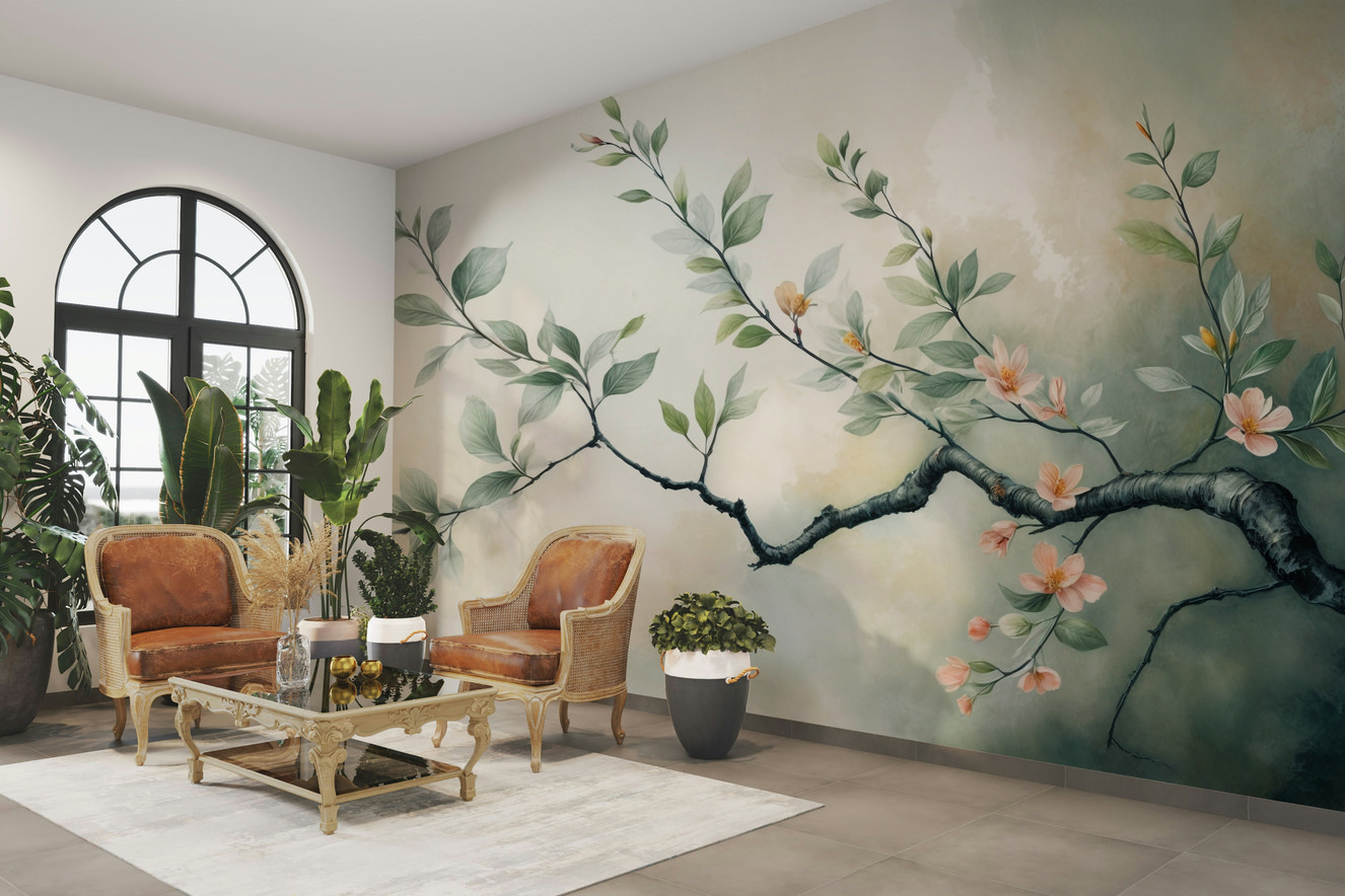 A wall mural of a floral botanical pattern.

