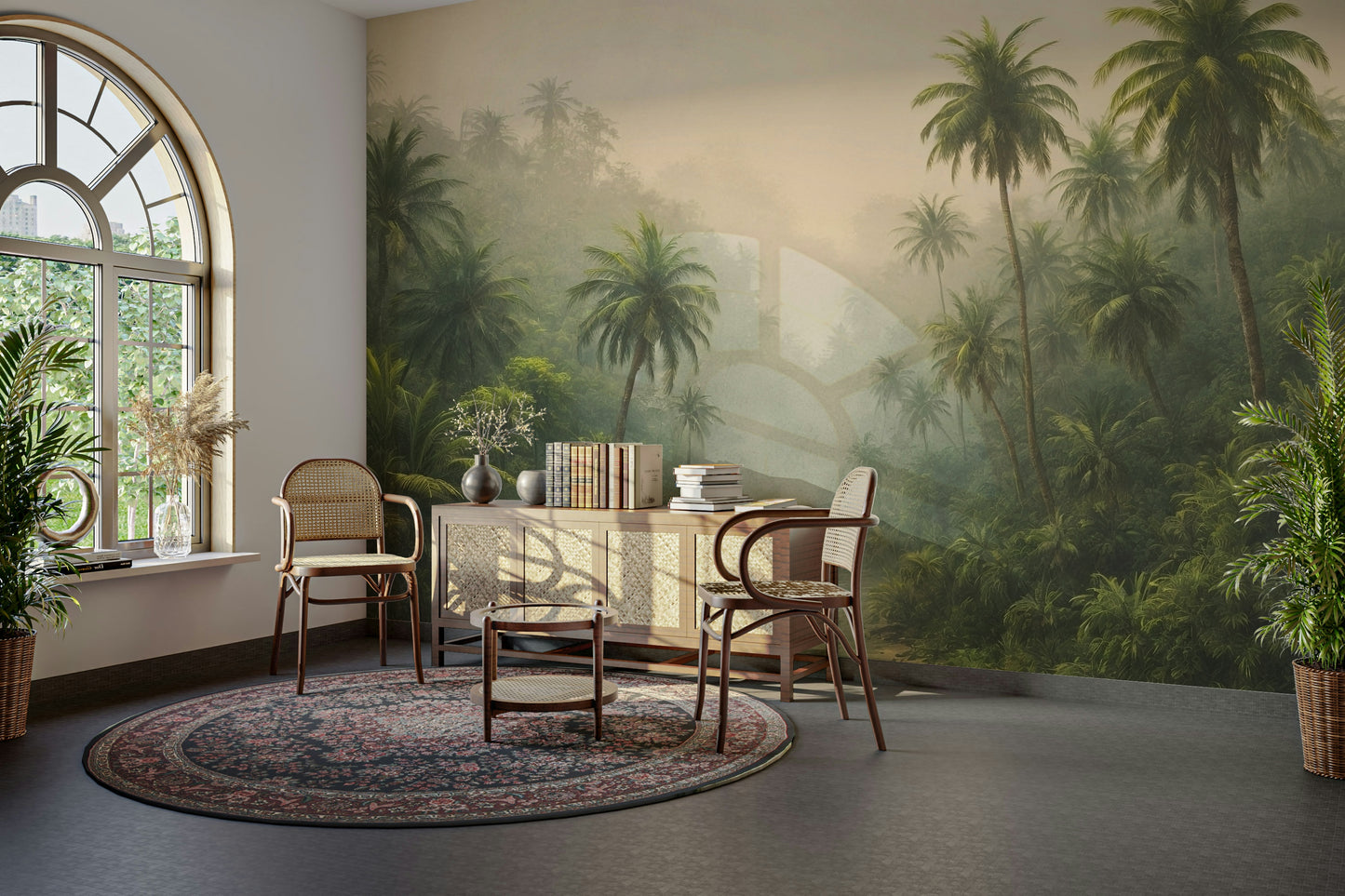 The floral and plant elements are a central focus of the image.

