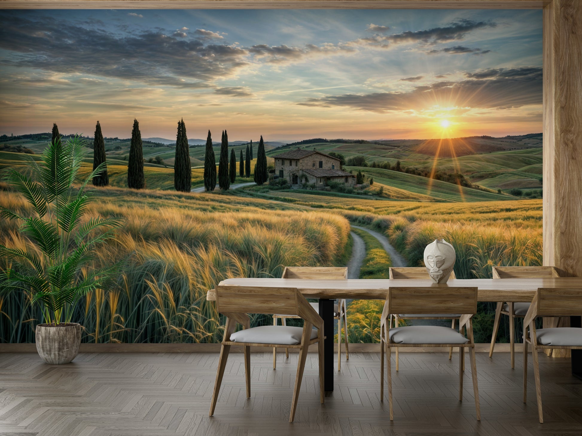 Rolling hills and tall, slender cypress trees dot the landscape.
