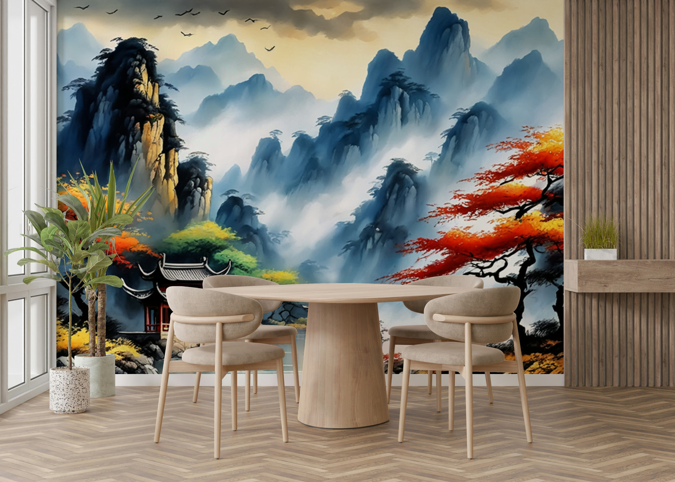 A wall mural of a traditional Asian pagoda reflected in a body of water.
