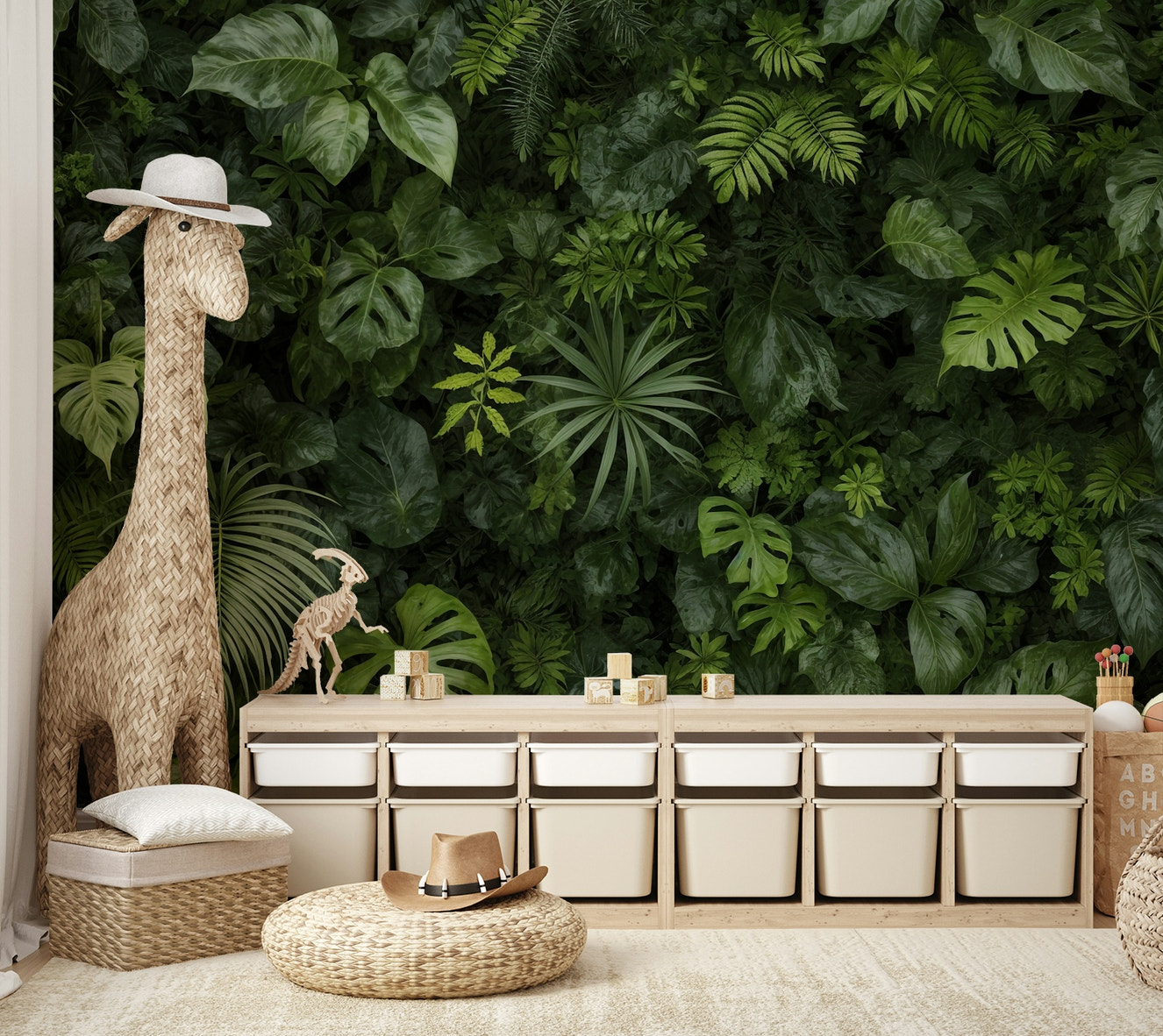 A wall mural depicting a dense wall of different types of green leaves.
